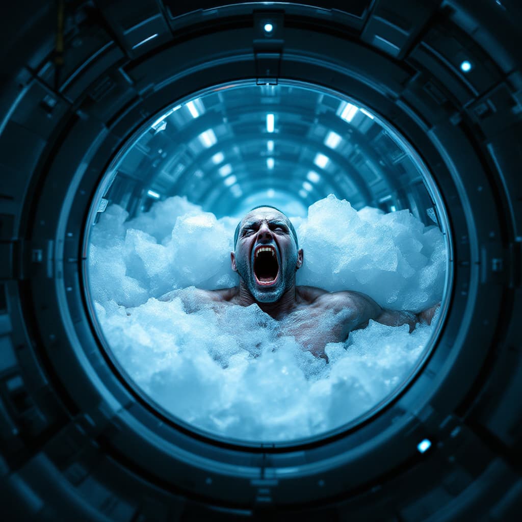 AI generated: A screaming man, frozen in ice inside an airlock tank, in the middle of a row with other cryo tanks....
