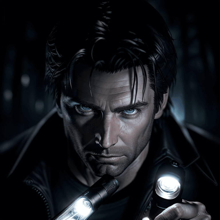 AI generated: portrait of alan wake, alone in the dark, holding a flashlight, torch, sharp focus, ultra photo real...