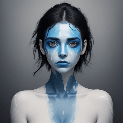 AI generated: A portrait of an attractive woman with white paint on her face and neck, blue hands made from ice co...