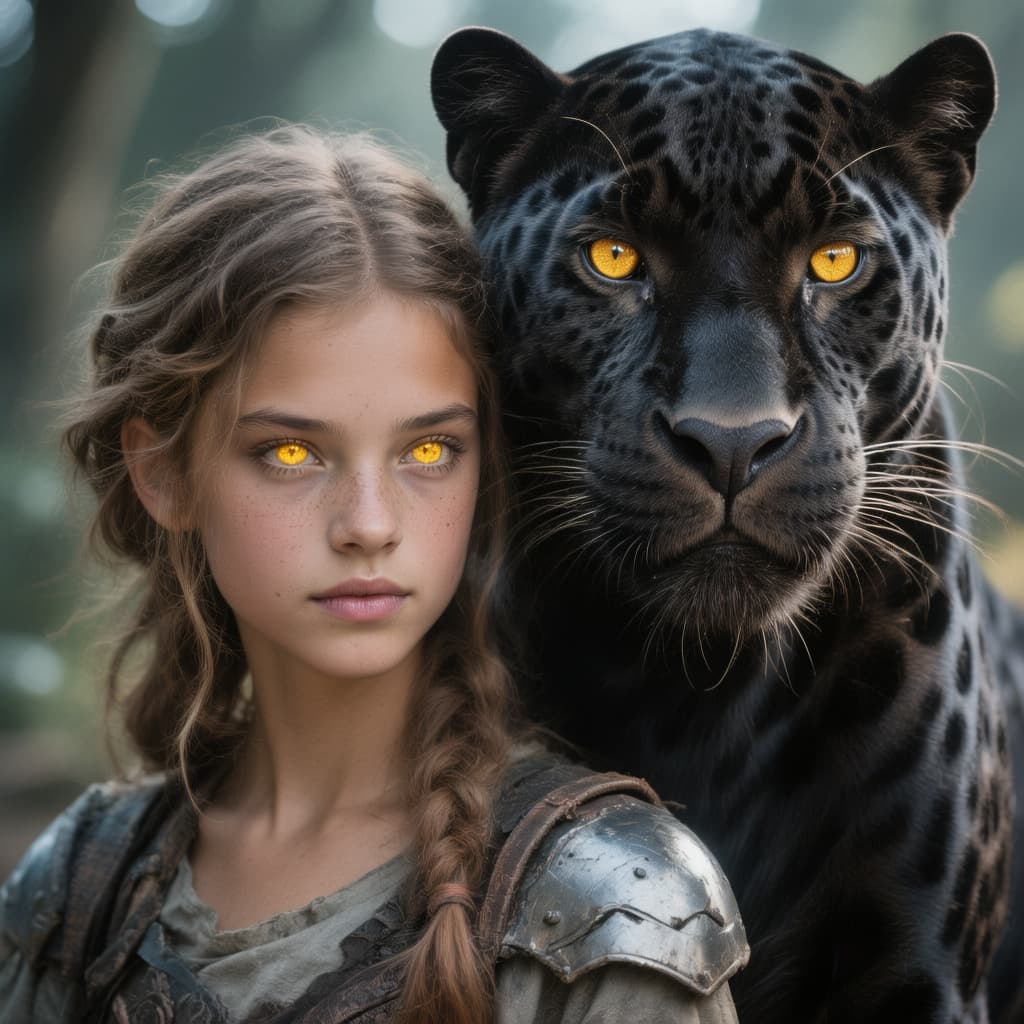 AI generated: a striking portrait of this girl with glowing eyes posing next to a hyper realistic black jaguar. it...