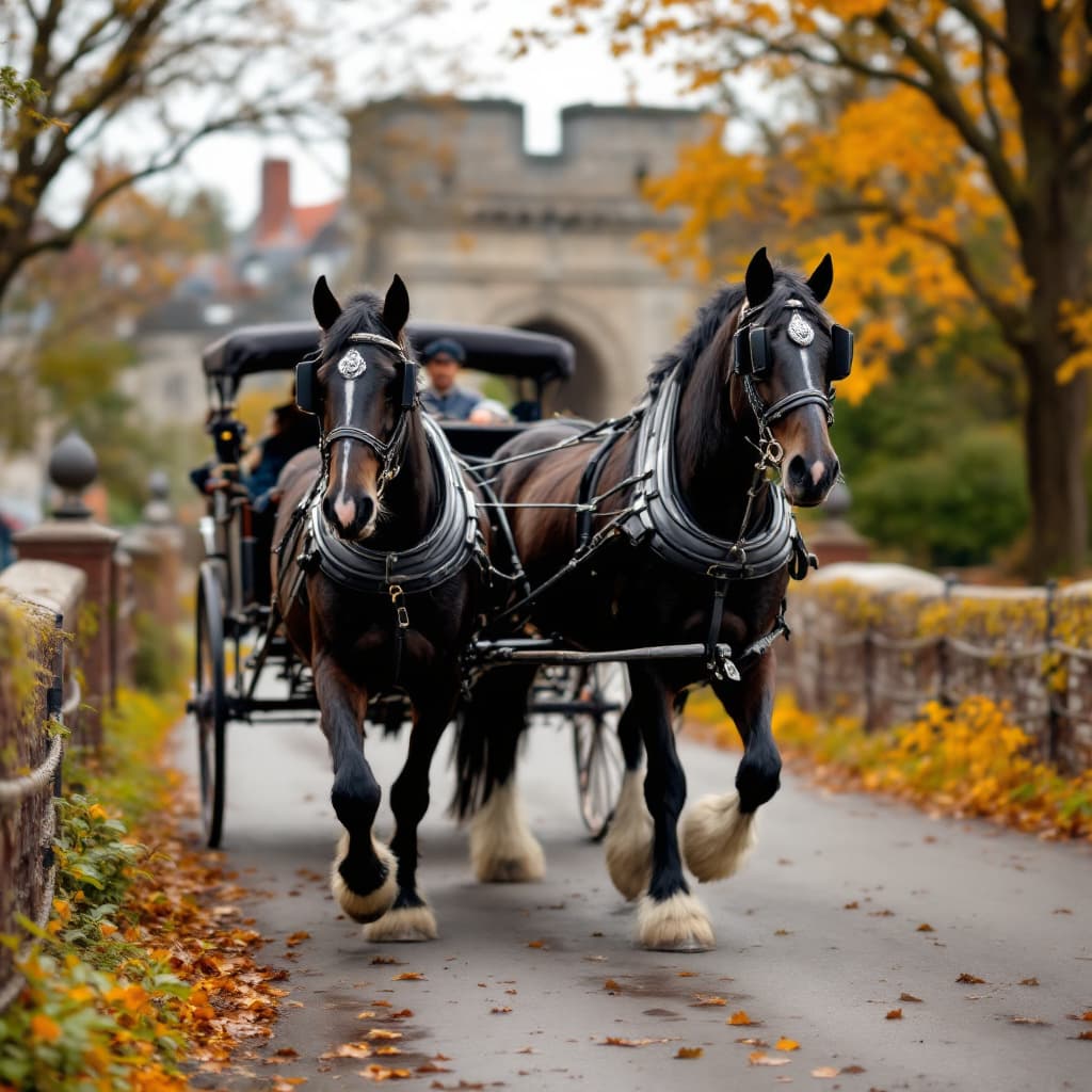 AI generated: "A beautifully groomed black draft horse pulling an antique carriage across a historic bridge"
