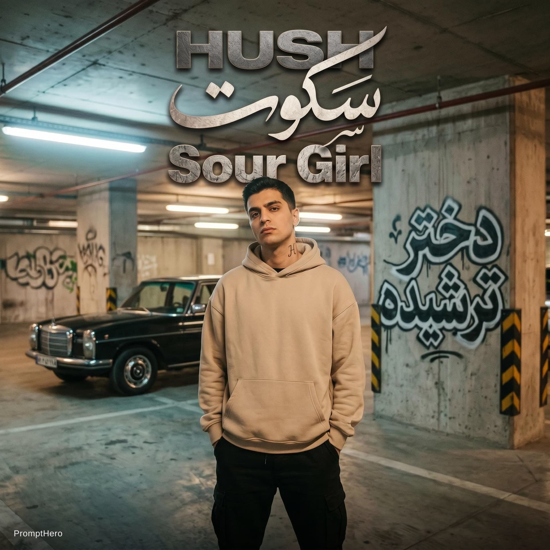 AI generated: *Rap cover art, "Sour Girl" (دختر ترشیده). A tall, stylish young male rapper standing confidently in...