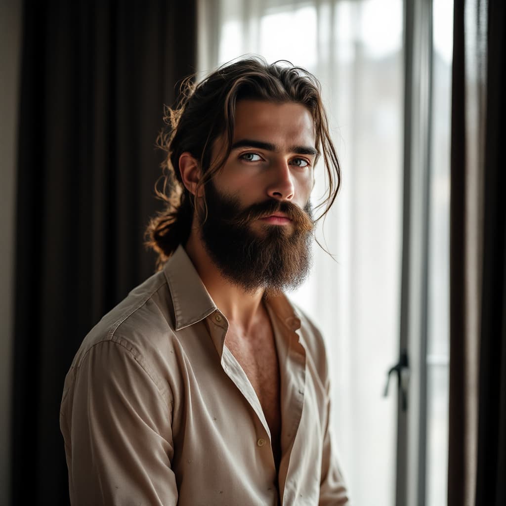 AI generated: Portrait of young man with long beard (Western Europe:0.5) (Asian:0.5), soft brown hair, brown eyes,...