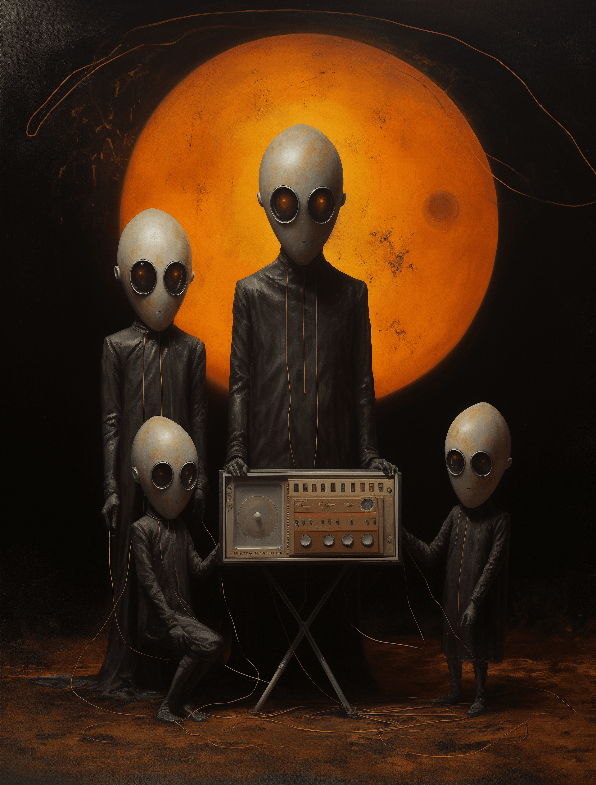 AI generated: Oil painting in the style of Zdzisław Beksiński of a grey alien family playing with an old vintage t...