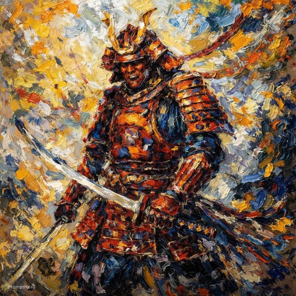 AI generated: samurai, palette knife technique, heavy impasto --chaos 75 --ar 1:2 --sref 3698909049 --profile x3fq...