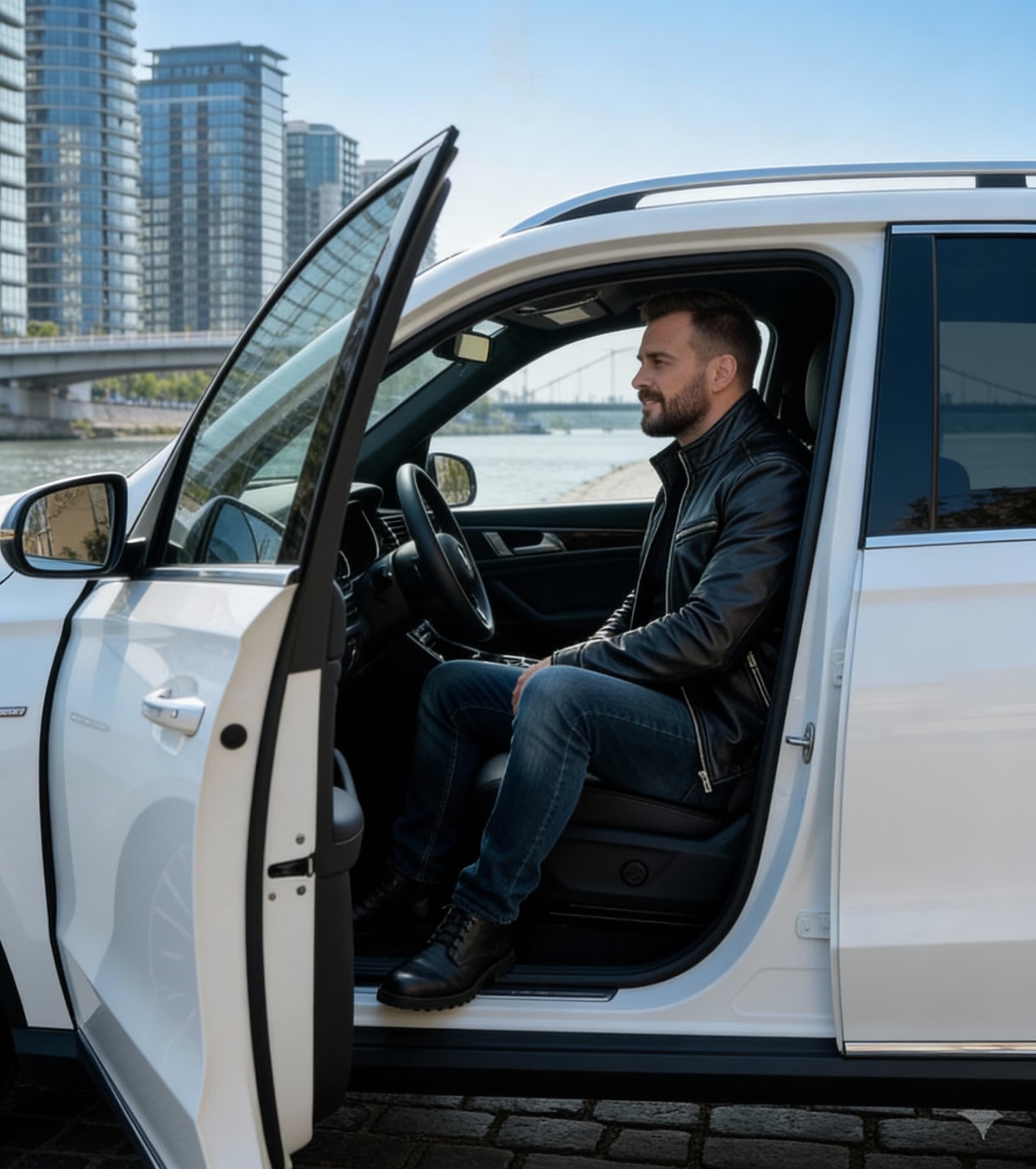 AI generated: A man sits alone in this car in the position of looking out the open window