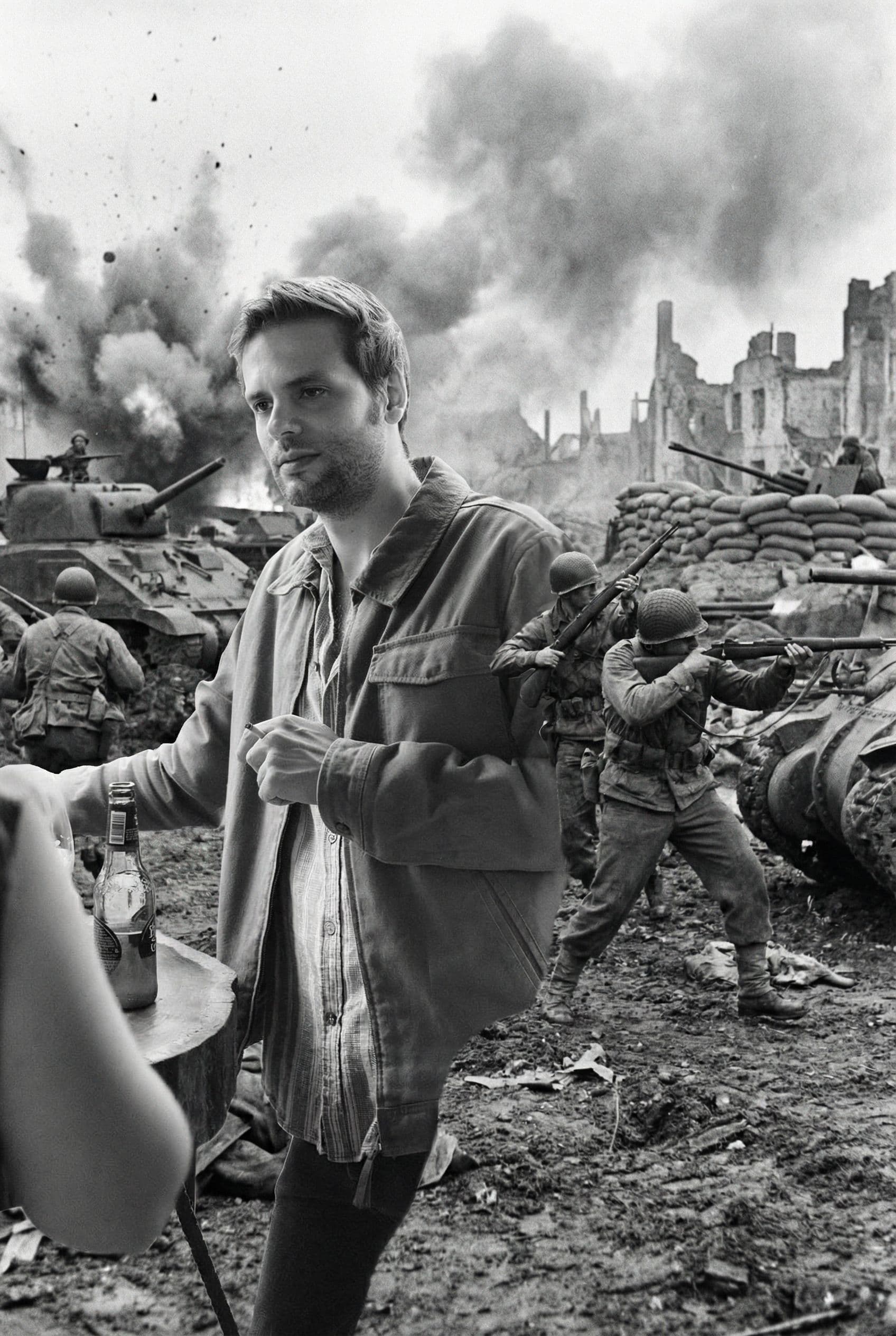 AI generated: take the man from the back and put him with a WW2 combat in the background