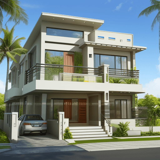 AI generated: realistic, front view, modern home, two story, sunny, tropical