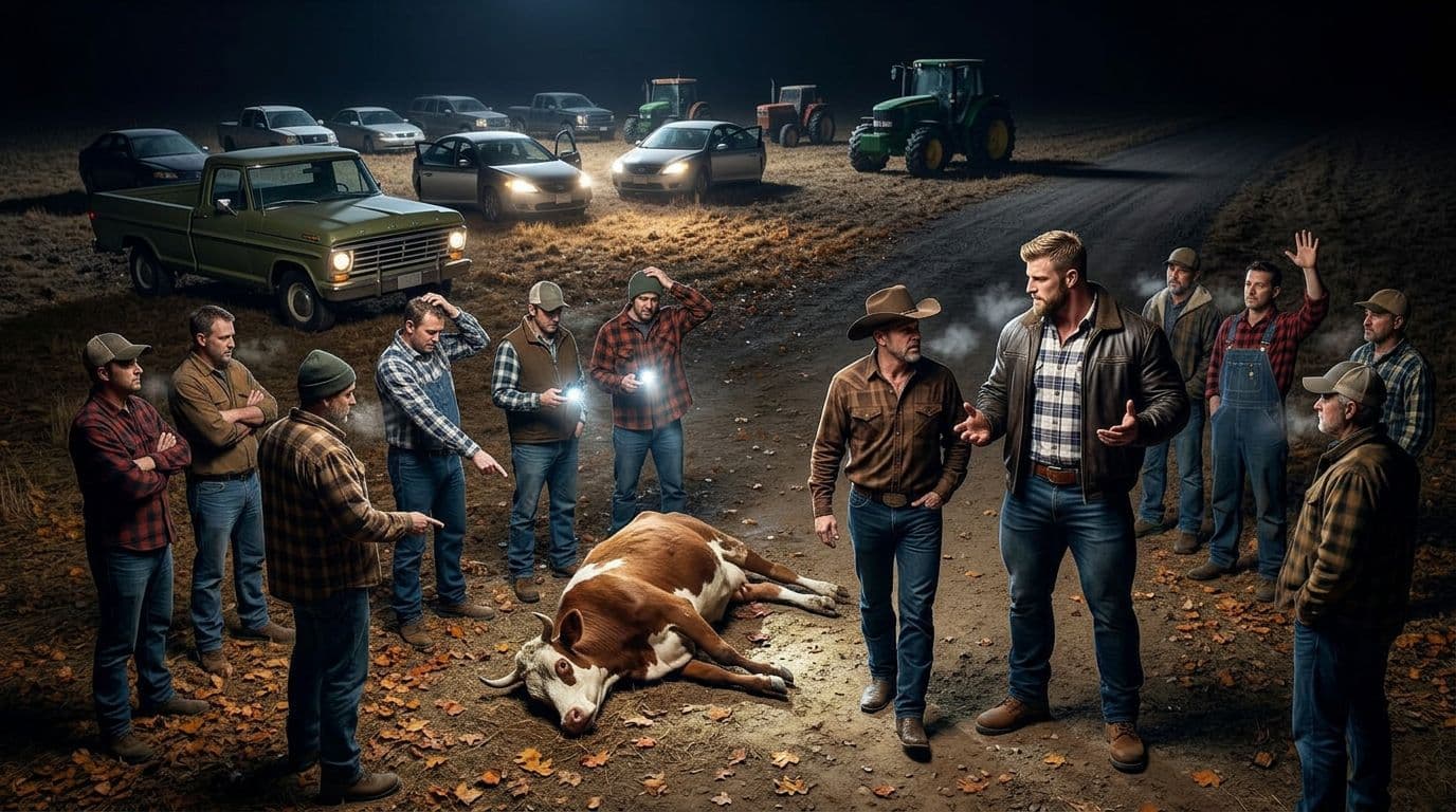 AI generated: In an Autumn night. The vintage olive green Ford pick up truck is parked between the other cars. All...