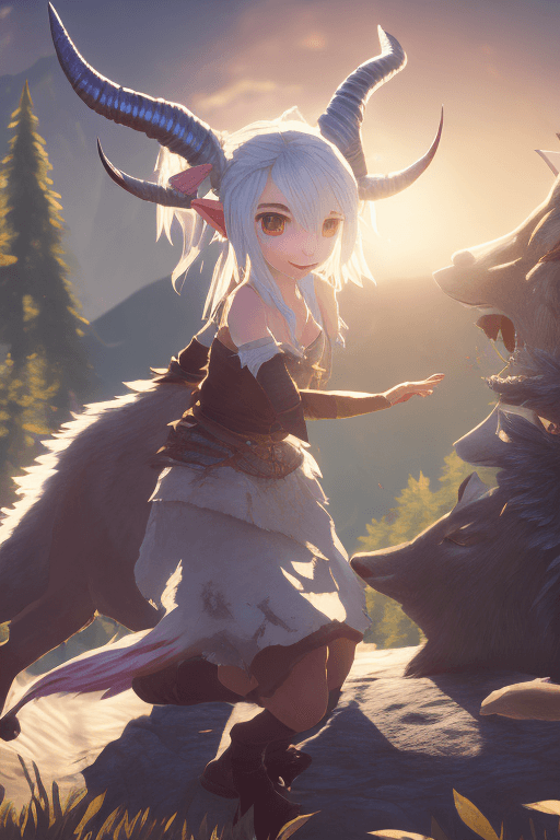 AI generated: ( a cute silver-haired girl with real devil horns patting the wolf), In a stunning fantasy world,bre...