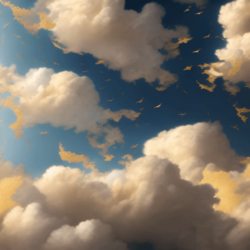 AI generated: High resolution background image of heaven, dreamy white and gold clouds, with angelic feathers enci...