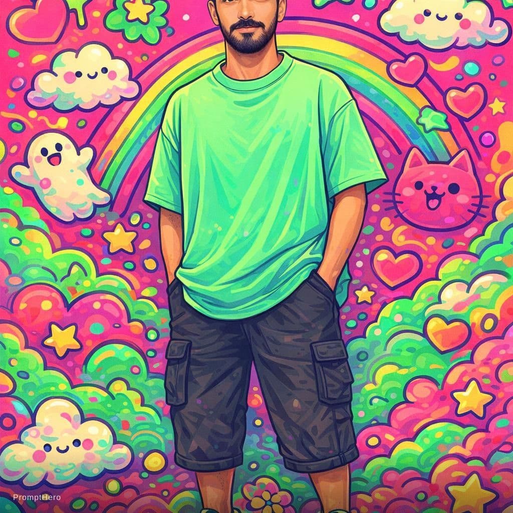 AI generated: creative illustration art, full-body of an man, wearing a mint green color over-fit T-shirt and blac...