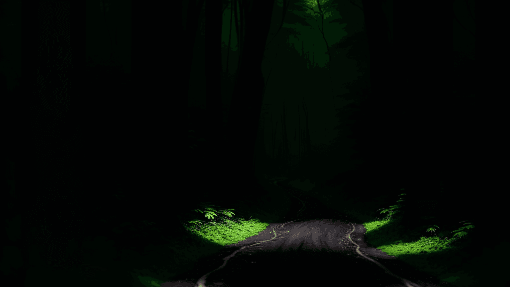 AI generated: A scary dark forest with tall trees and lush foliage, gentle rain falling on the leaves and forest f...