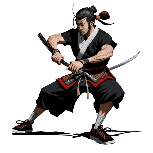 AI generated: concept art image of a samurai wielding a katana while sporting Nike Dunk SB sneakers, blending a 2D...