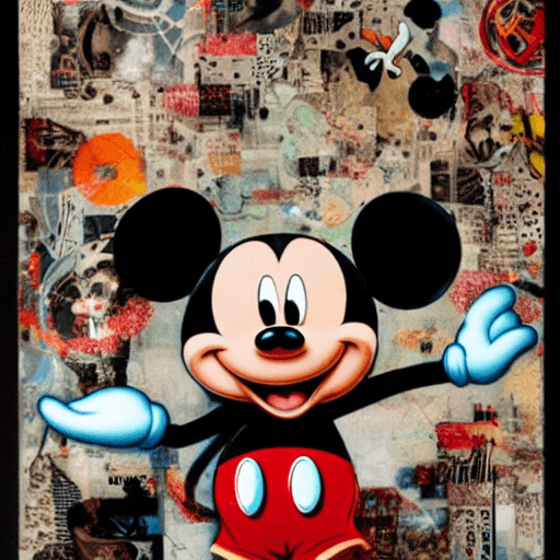 AI generated: Mickey Mouse, collage art, mixed media, enchanting, part by james jean, part by ross tran, dramatic ...
