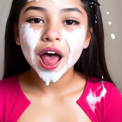 AI generated video: slow. girl with milk on her face. spitting out milk. smiling. moving very slowly. very slow accurate...