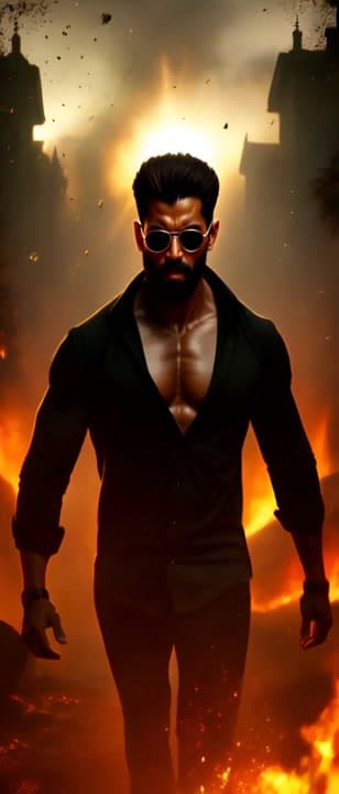 AI generated video: A high-octane South Indian mass action movie scene. A fierce and muscular male action hero in a styl...