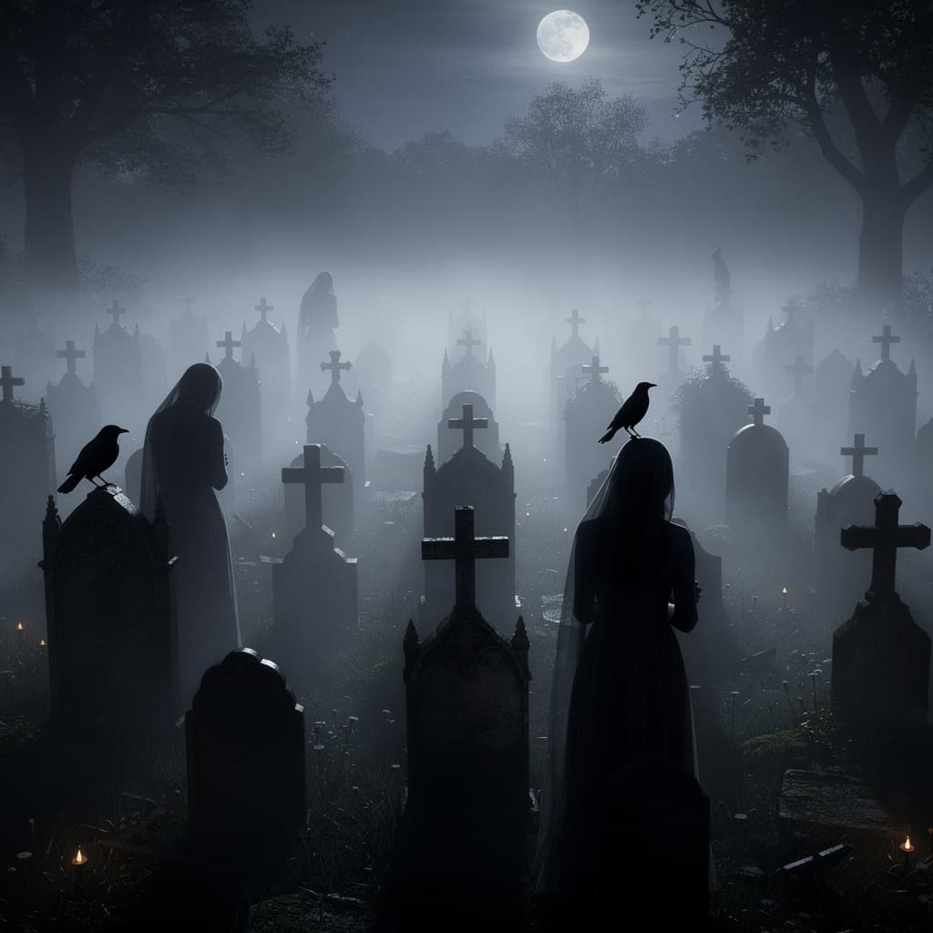 AI generated: Wide shot of a dark, foggy 18th-century cemetery at night. Rows of tall gothic headstones and weathe...