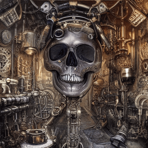 AI generated: hyperdetailed steampunk laboratory interior, potrait front shot, skull head and neck, centered, 100m...