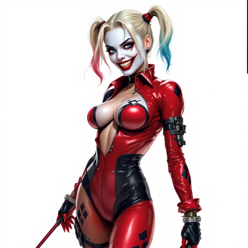 AI generated: 
Harley Quinn full body long shot, original  costume, deviant smile,  in the  style  of frank Cho, c...