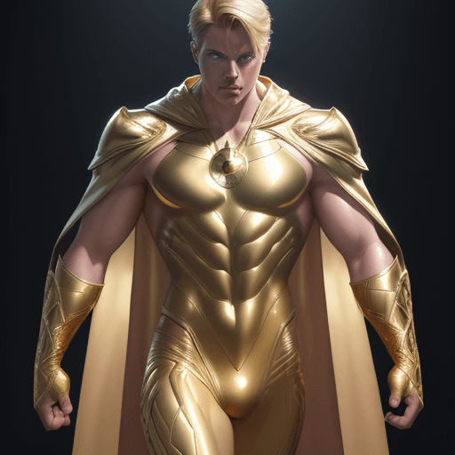 AI generated: male super hero named champion, short blond hair, no symbol, skin tight gold suit, gold cape, gold g...