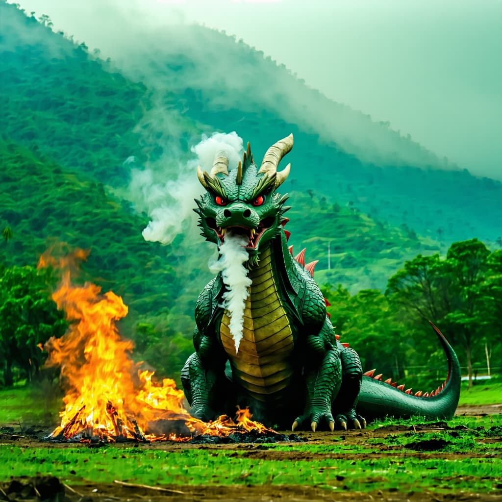 AI generated:  hdr photo of a green landscape, in the foreground a dragon with a puzzled facial expression, smoke ...