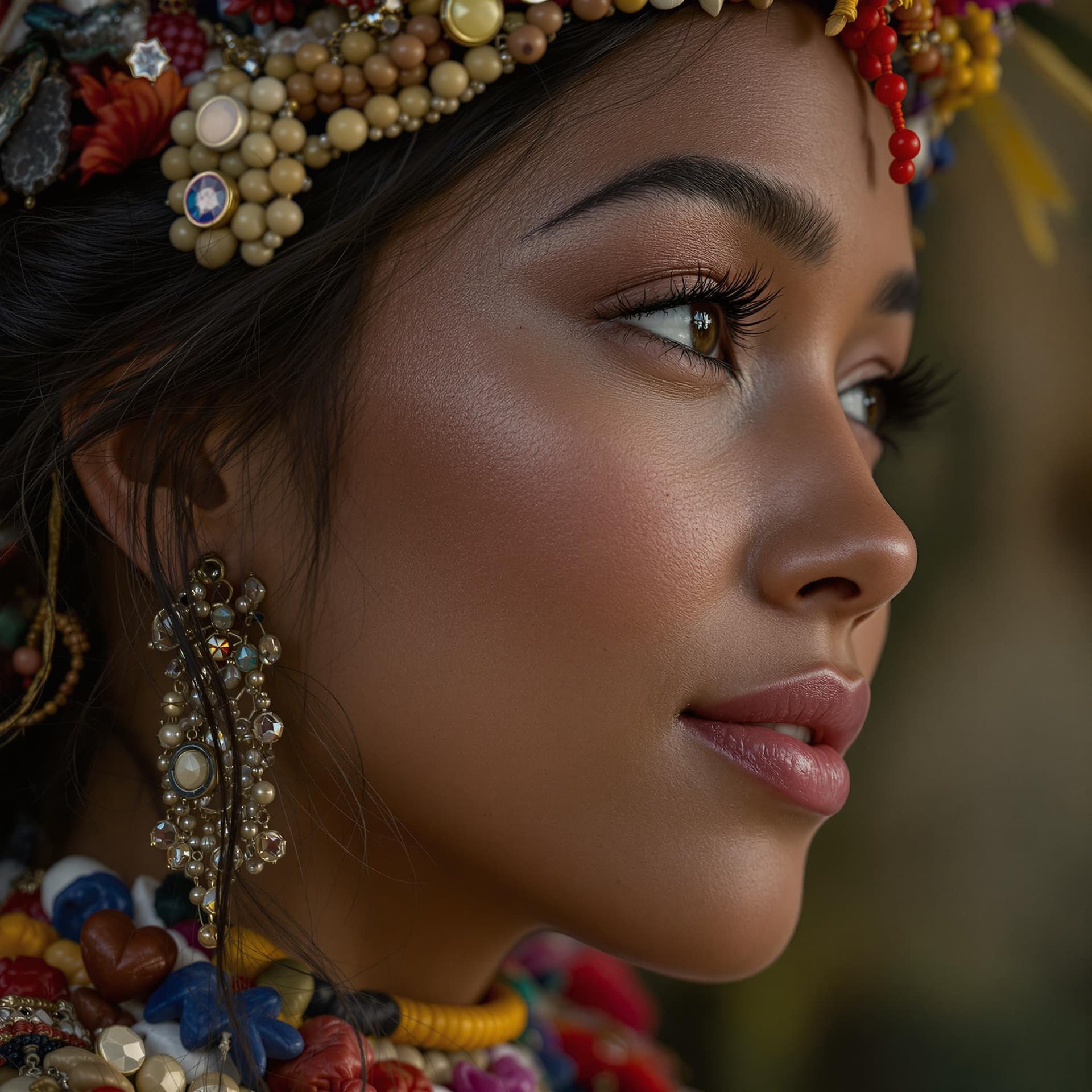 AI generated: hyper-realistic photograph, woman, a slight smile, side view looking away from the camera, close-up ...