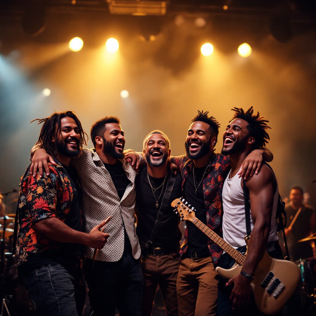 AI generated: A diverse, energetic band of musicians celebrating after a successful concert, standing on a stage u...