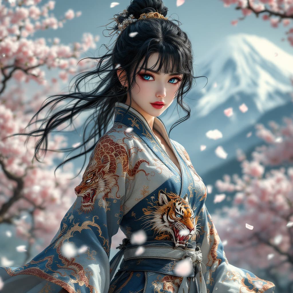 AI generated: a extremely realistic and  beautiful and physically fit Japanese kunoichi, with  curly jet black hai...