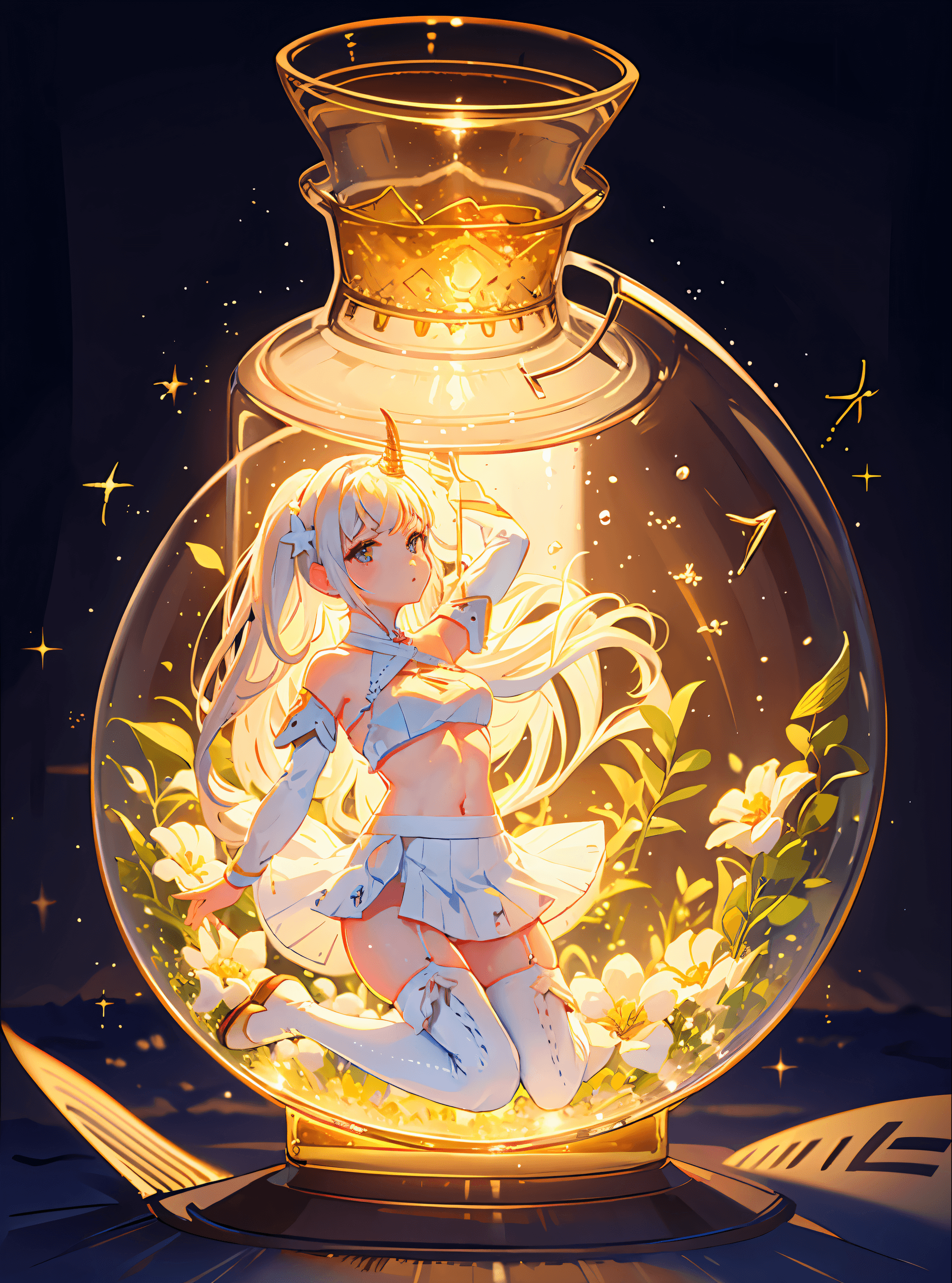 AI generated: unicorn, 1girl,solo, (medium breasts:1.1), wariza, phgls, in container, bottle,submerged,white dress...