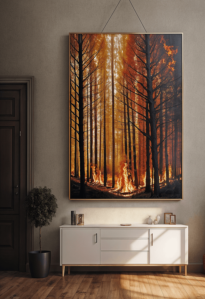 AI generated:  cinematic photo of
(a painting of a forest fire)  hanging on a wall in a museum.  painting dissolv...