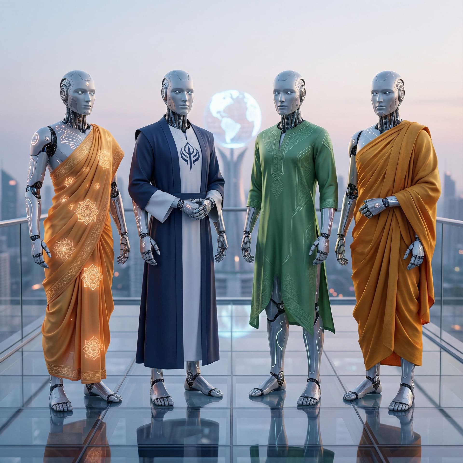 AI generated: A highly realistic futuristic illustration of four male humanoid AI robots standing together in unit...