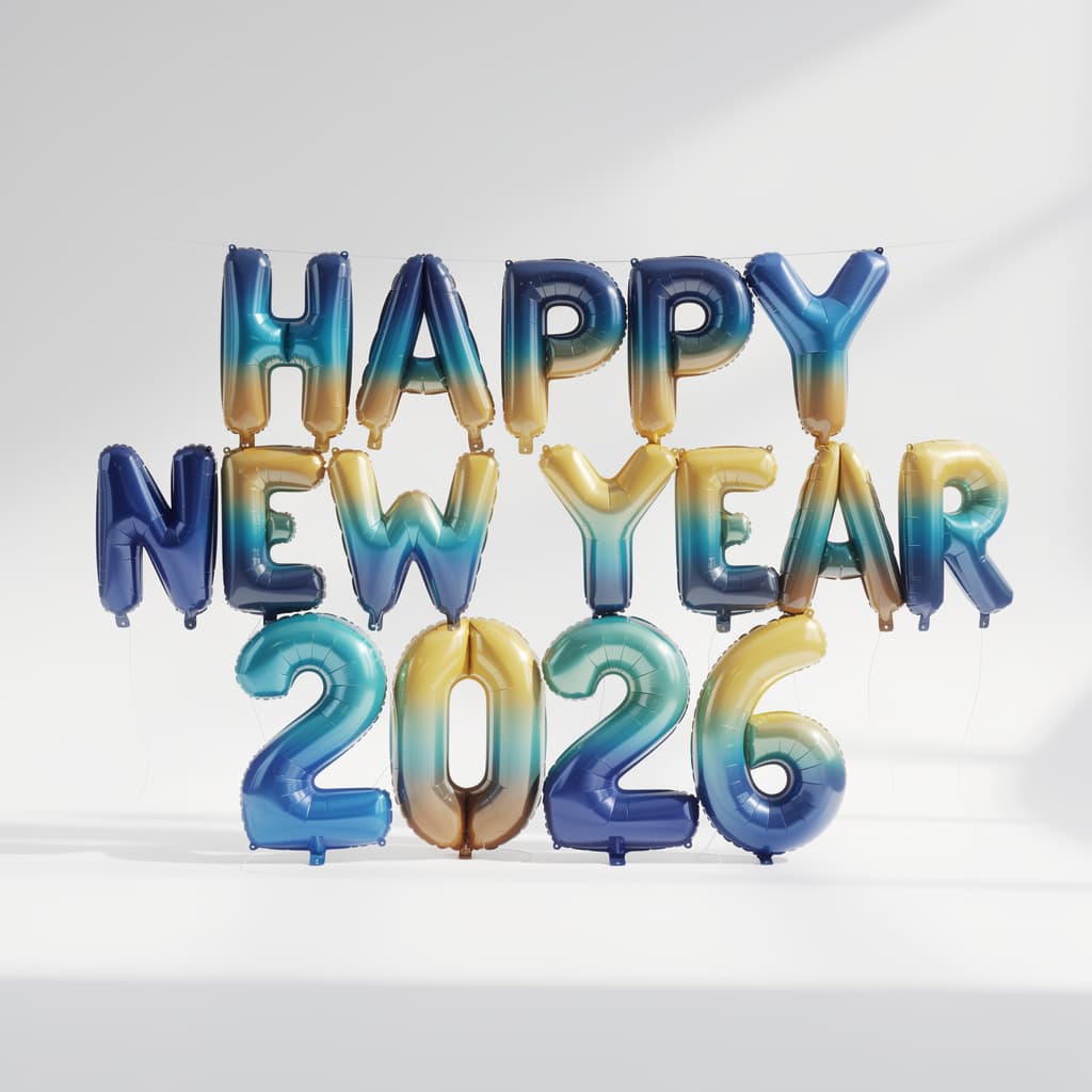 AI generated: photorealistic, high resolution rendering, balloon of lettering, "HAPPY NEW YEAR 2026", used color i...