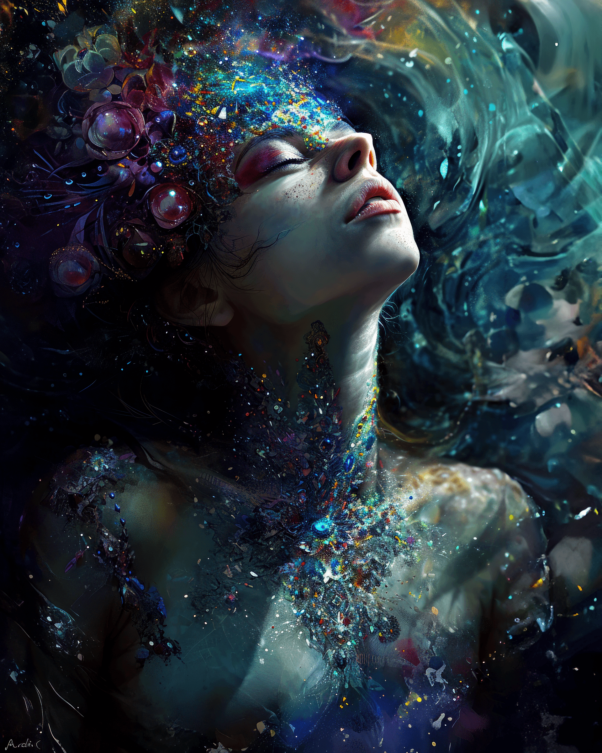 AI generated: digital painting of girl in body with jewels, in the style of elaborate spacecrafts, poured resin, r...