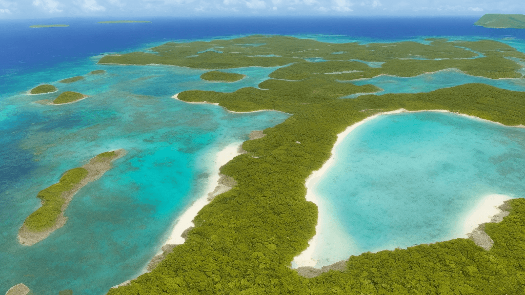 AI generated: bird's eye view high up looking down of a simple island. you can see the entire circular island. the...