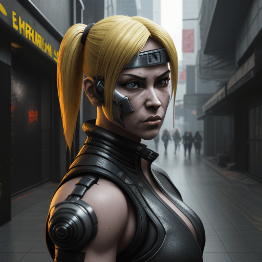AI generated: Mortal Kombat Tanya, modern blonde version, cyberpunk, outdoor, street, vivid yellow, hyperrealism, ...