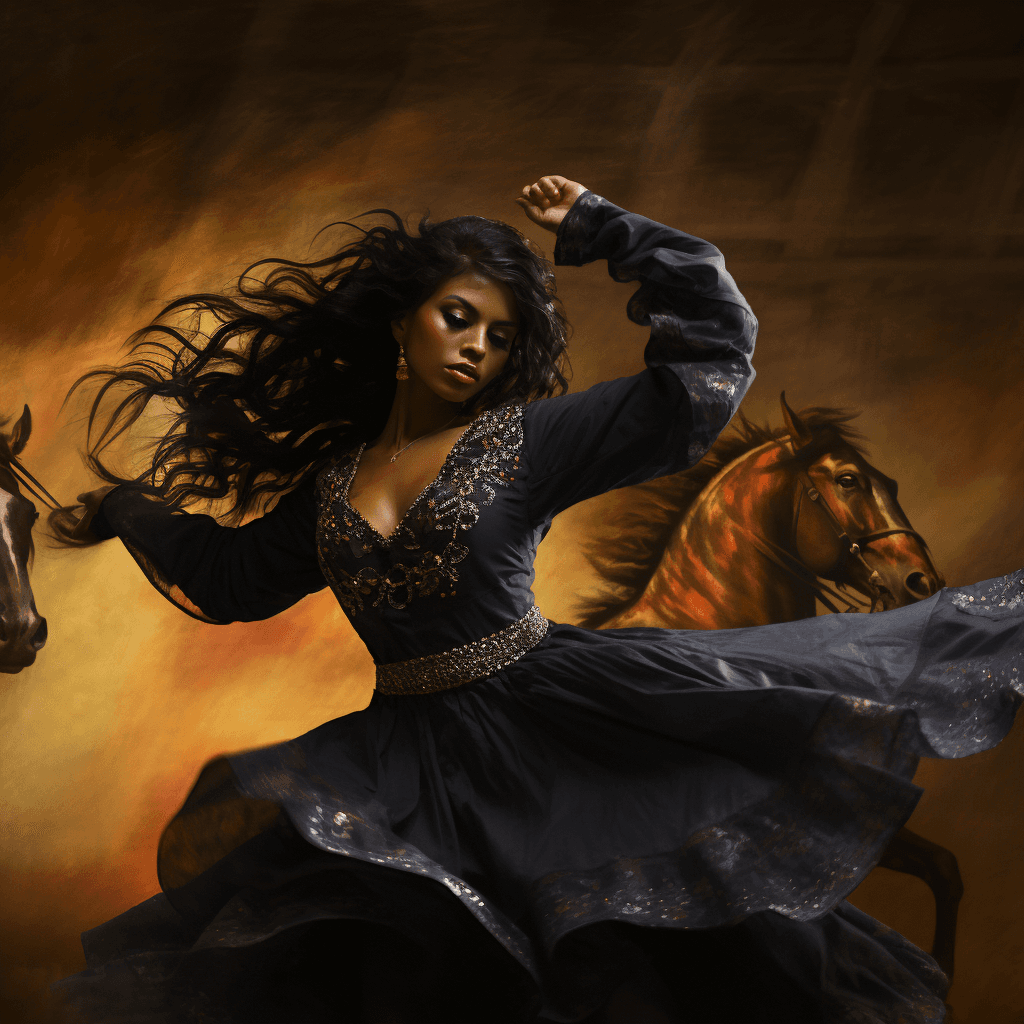 AI generated: woman with the face of a horse, human eyes smiling, dancing