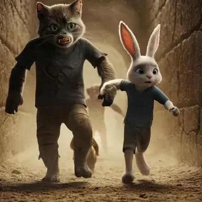 AI generated video: A huge, ferocious ape sprints down a dark, narrow tunnel in a post-apocalyptic world. Its eyes gleam...