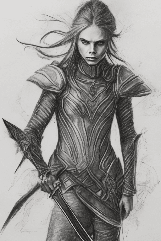AI generated: Delevingne Guerrera con espada, ((amateur) scribble sketch), (smudges) on paper, (faded lines)