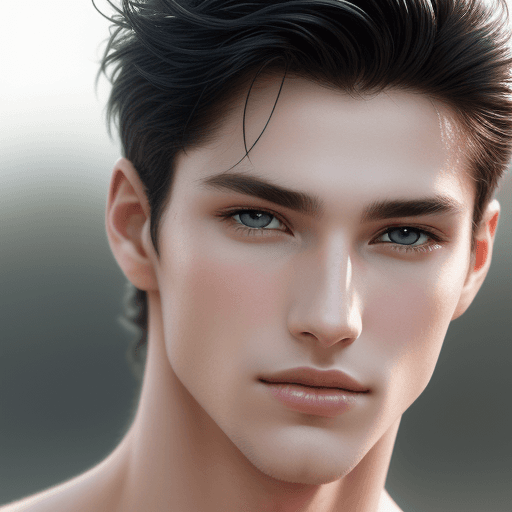 AI generated: Photography, the photo is of a male model, close-up of face, real skin, black hair, 300mm f/5. 8. Li...