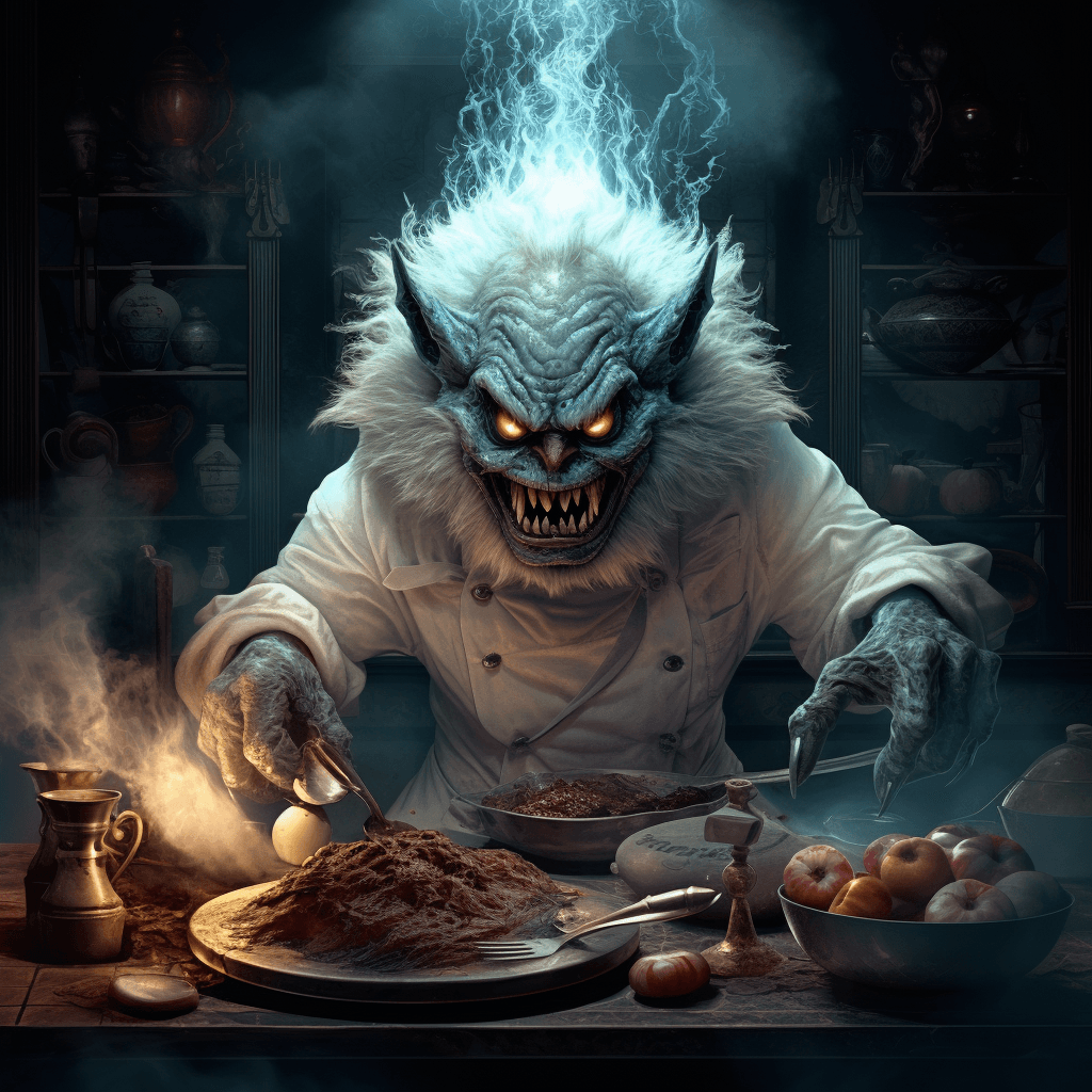 AI generated: ghost chef humpt dumpt vintage, bathed in dim moonlight, exuding an aura of mystery and dominance, t...