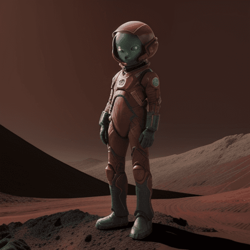 AI generated: main character cute alien wearing red combat suit standing on red planet with little 2 years old gir...