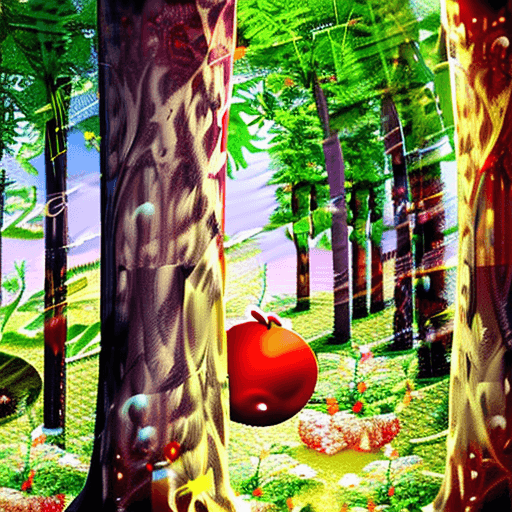 AI generated: a magical colorful summer forest inside the doorway, fruits planted on the trees, strong sunshine fr...