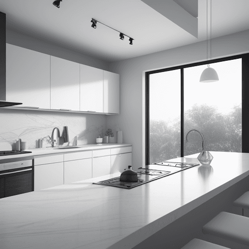 AI generated: Modern kitchen, white walls, natural light, natural stone countertop, minimalist design, imaginary 3...
