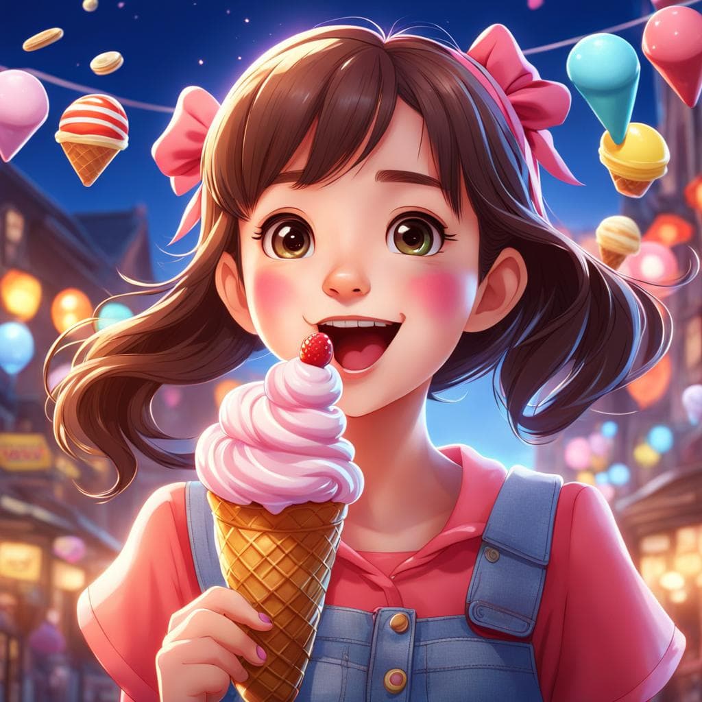 AI generated: cute, adorable, smiling girl eating ice cream, Pixar, disney, cinema lighting, gaming, 8k, magic, by...