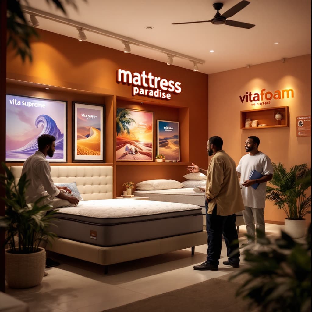 AI generated: A " Mattress Paradise" shop outlet with a nigeria customer negotiating a price of vita supreme mattr...