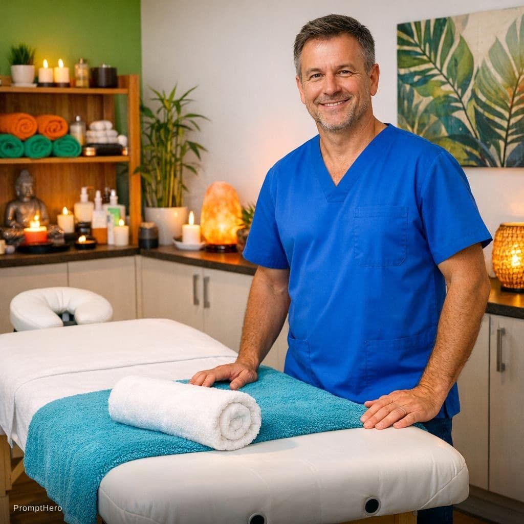 AI generated: Take a photo of a massage room, which shows a massage table, a male masseur of European appearance, ...