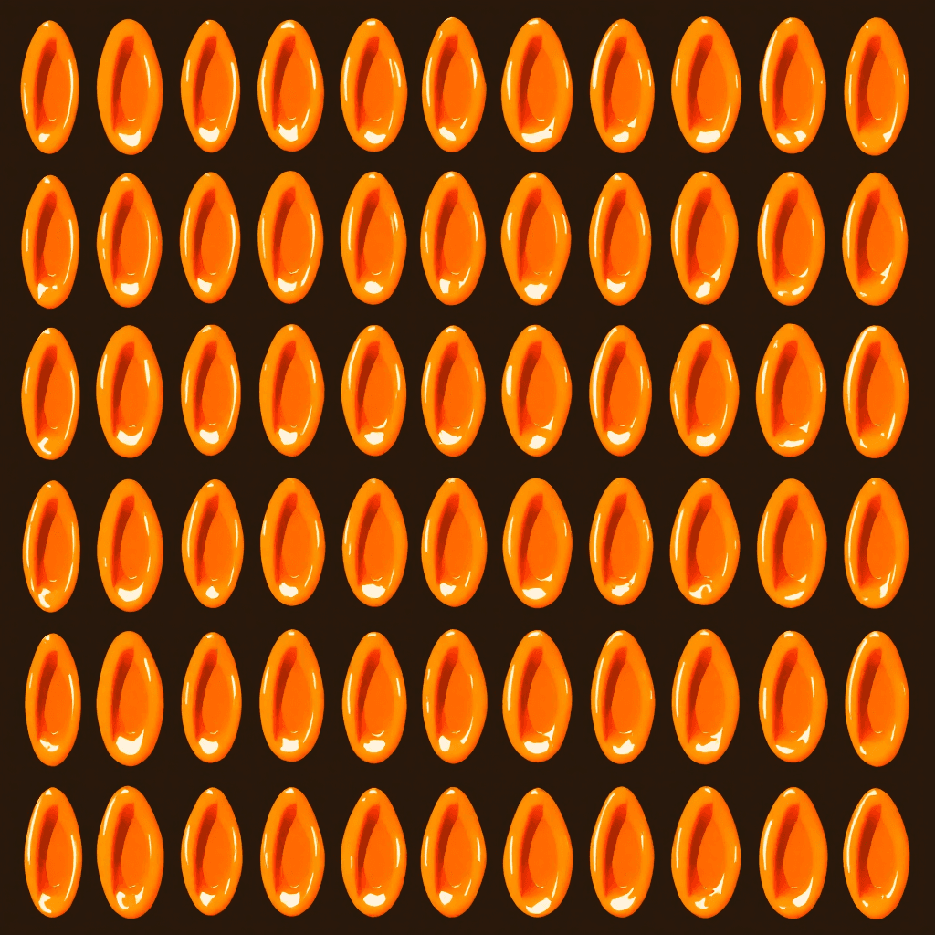 AI generated: One hundred stacked orange elipses, with slightly irregular centers, widths and color brightness.