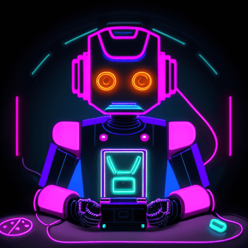 AI generated: A retro-style robot playing a futuristic video game in neon tones with medium resolution.
