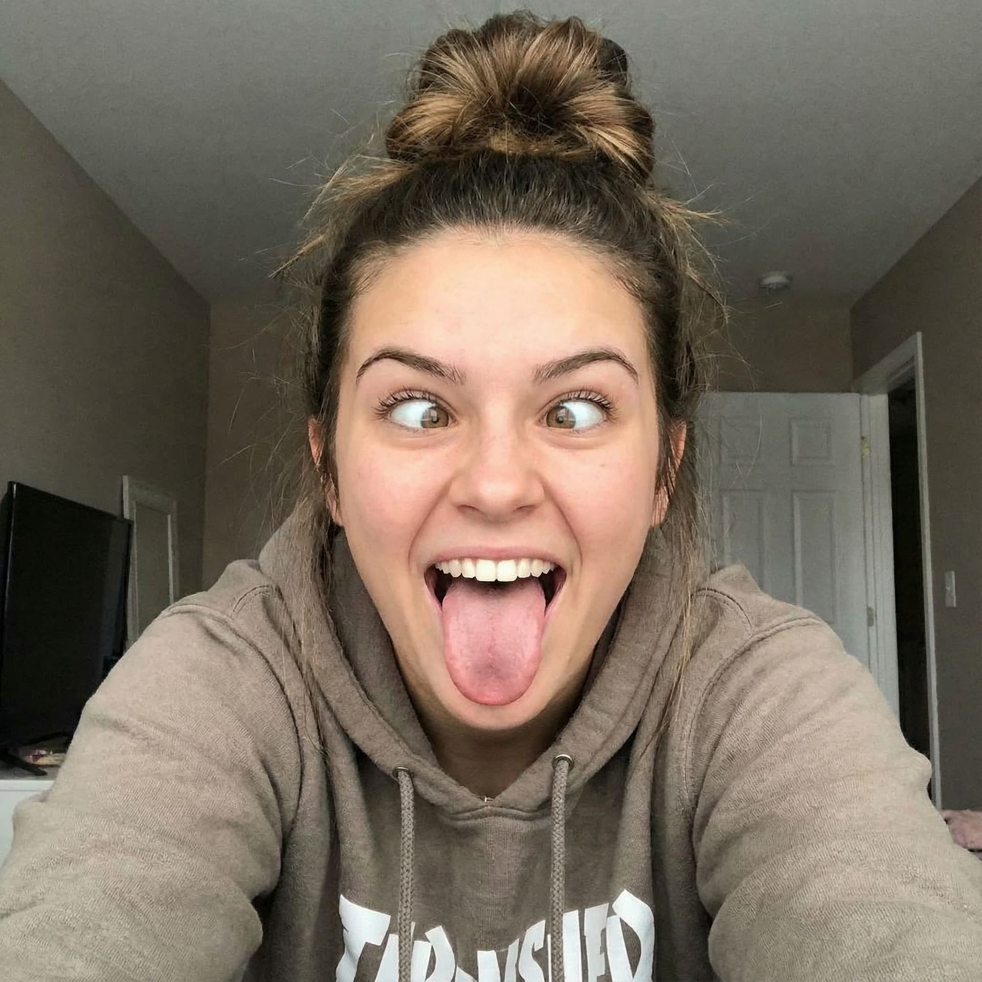 AI generated: Stick my tongue out with my mouth wide open so I’m making the ahegao face with my eyes crossed looki...
